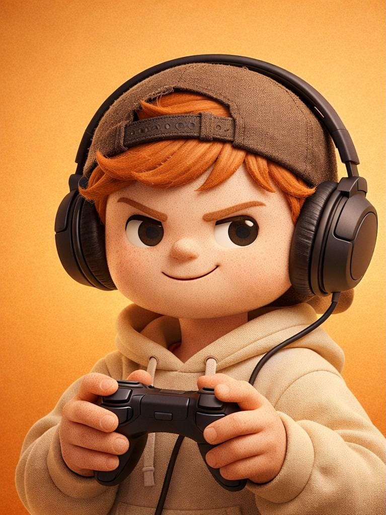 Um personagem gamer, de cabelo ruivo, com boné, fone e um videogame na mão